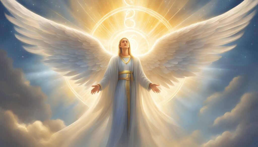 Illustration of an angelic figure with radiant wings.