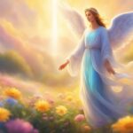 Angel in radiant flower field with sunlight.