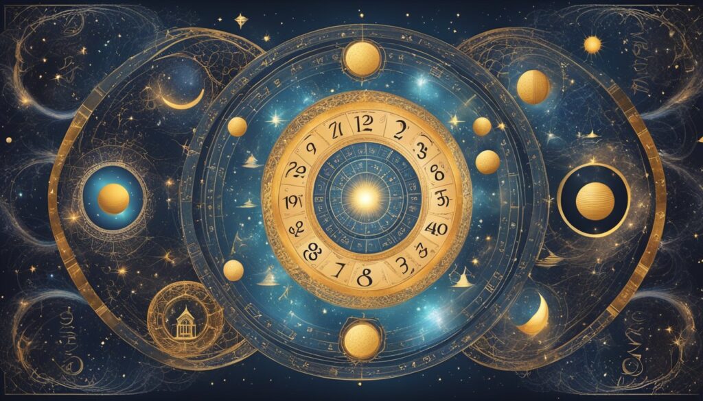 Astrological celestial design with zodiac signs and planets.