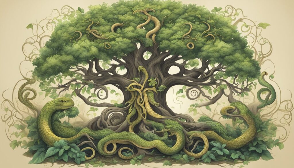 Illustration of a tree intertwined with green snakes.