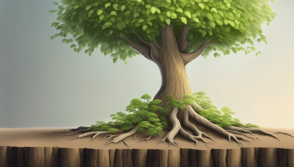 Illustration of robust tree with exposed roots.