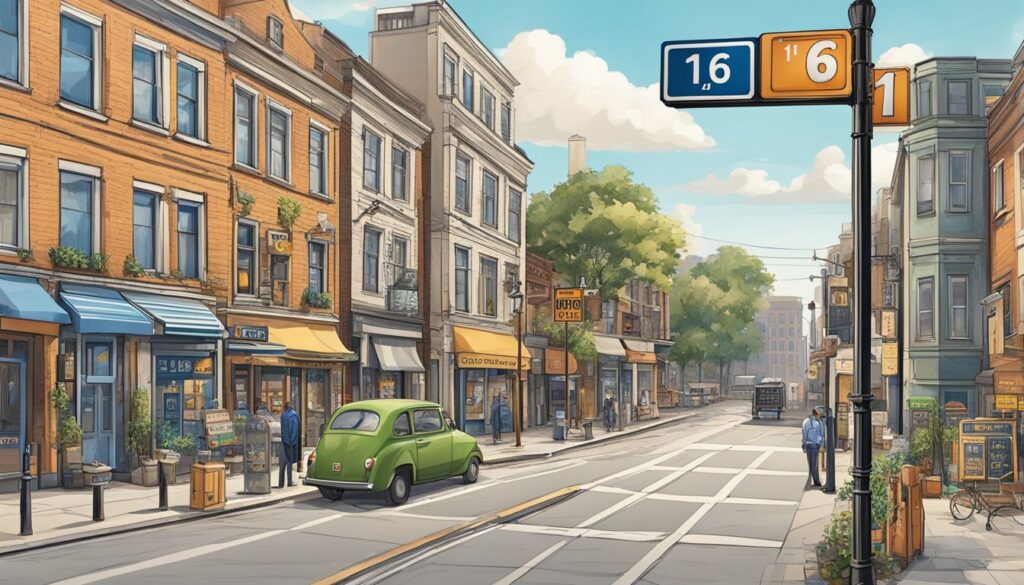 Illustration of quaint, sunny urban street scene.
