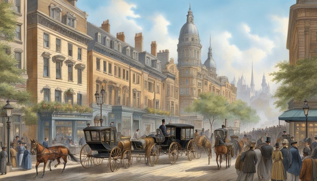 Historical city street with horse-drawn carriages and pedestrians.