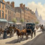 Historical city street scene with horse-drawn carriages and pedestrians.