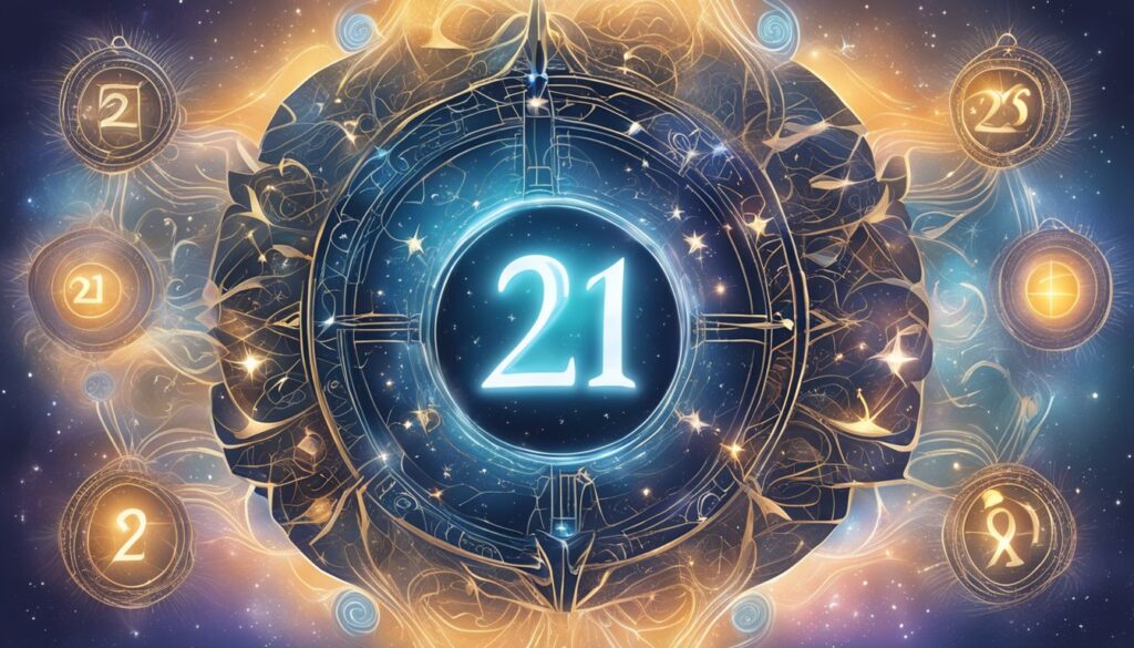 Mystical astrology symbols with shining number 21 centerpiece.