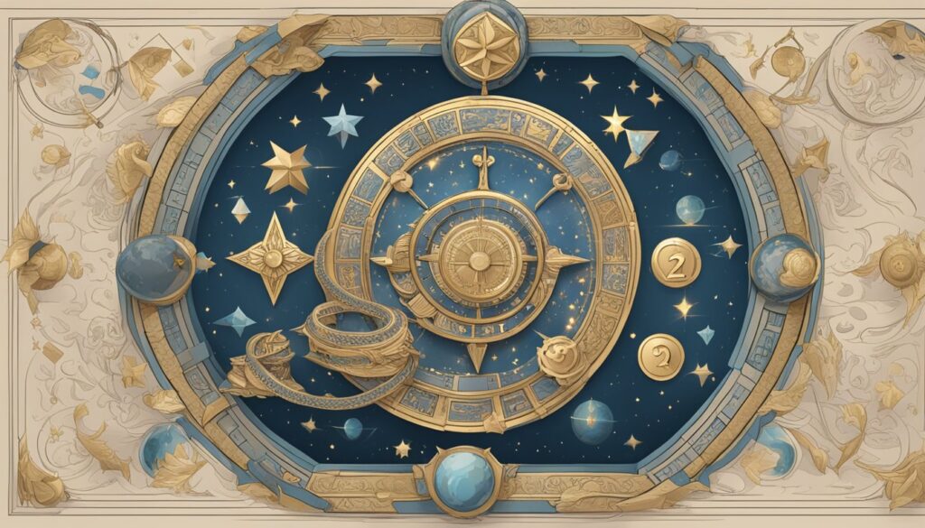 Illustrated astronomical clock with zodiac signs and celestial bodies.