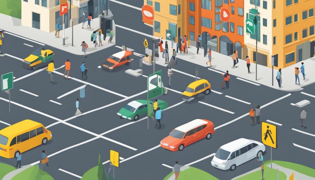 Isometric illustration of busy urban intersection with pedestrians.