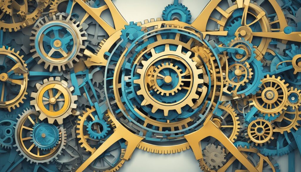 Complex interlocking gears in blue and gold