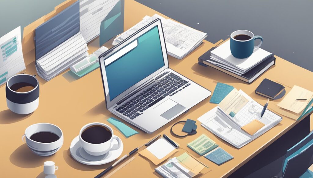 Illustration of organized office desk with computer and coffee.
