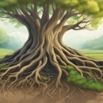 Illustration of majestic tree with extensive roots.