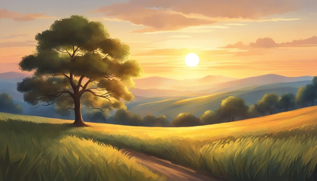 Sunrise over rolling hills and solitary tree landscape.
