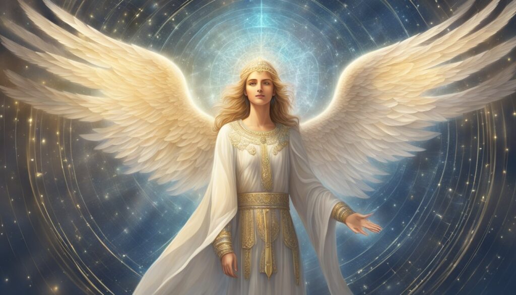 Illustration of an angelic figure with cosmic background.