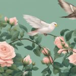 Illustration of birds flying among blooming roses.
