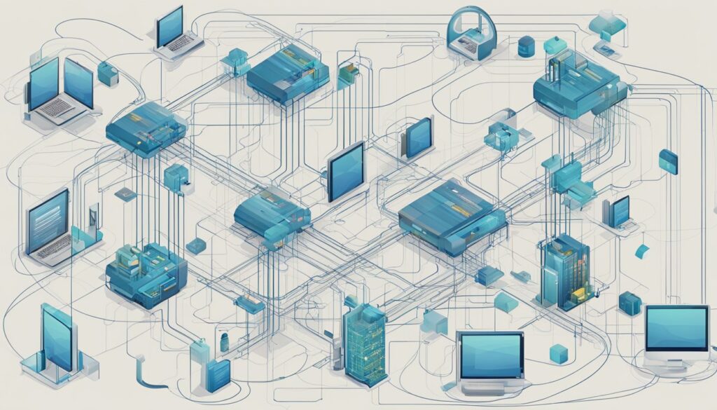 Isometric network infrastructure illustration with computers and servers.