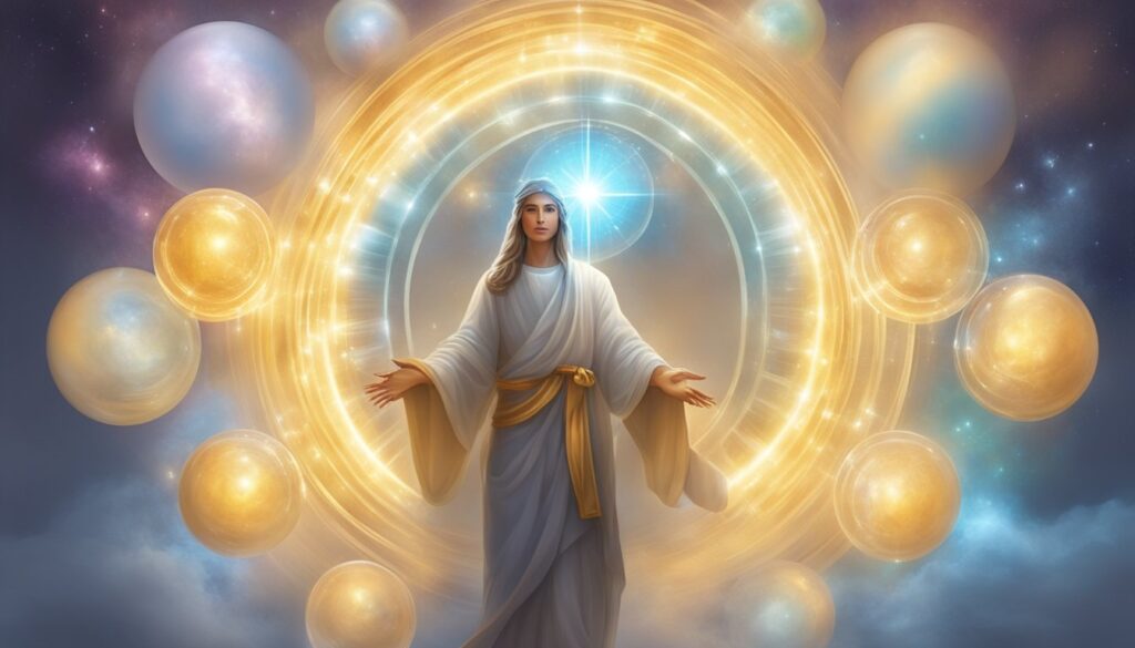 Mystical figure with cosmic orbs and glowing rings background