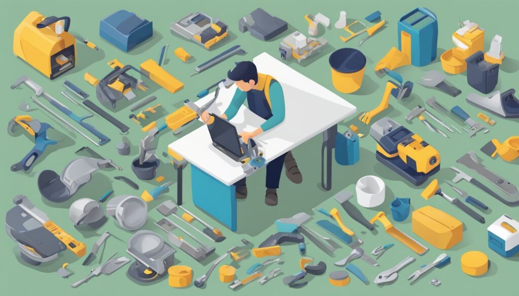 Isometric view of person with assorted workshop tools.