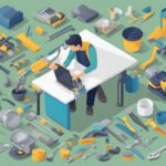 Isometric view of person with assorted workshop tools.
