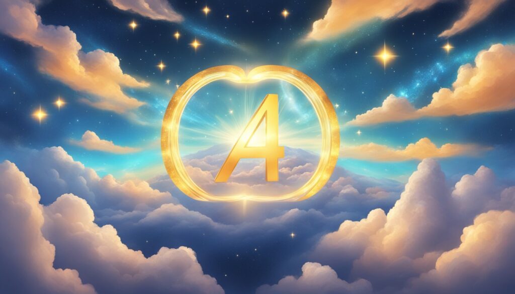 Golden letter A amidst clouds and stars.