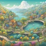 Colorful illustration of a whimsical village by a lake.