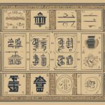 Vintage mahjong tiles illustration, sepia-toned.