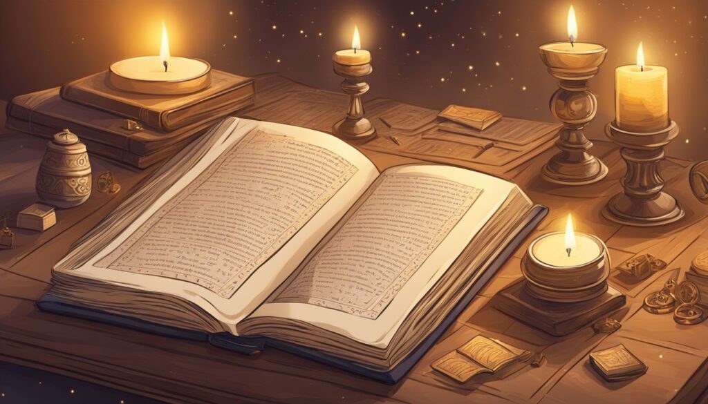 Open book with candles on wooden table.