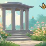 Ancient temple among blooming flowers with butterflies.