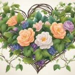 Illustration of floral heart with various blooms and leaves.