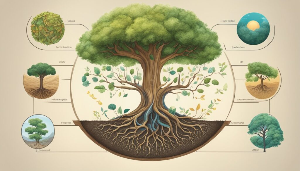 Illustrative tree diagram showing various ecological concepts.