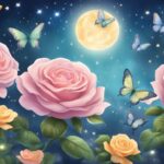 Illustration of roses and butterflies under a starry night.