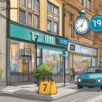 Illustrated city street with car, clock, and number signs.