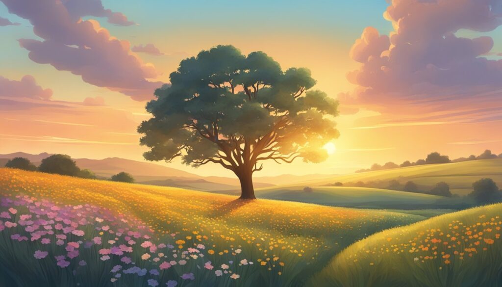 Sunset over tranquil flower field with solitary tree.