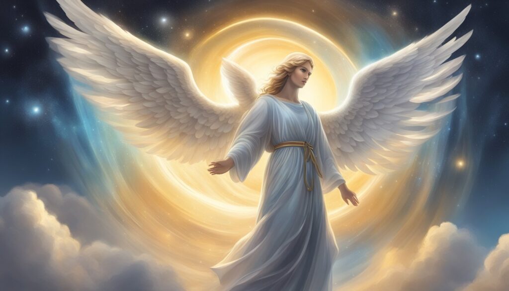 Illustration of ethereal angel with wings and halo.