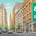 Sunny cityscape with green traffic sign illustration.