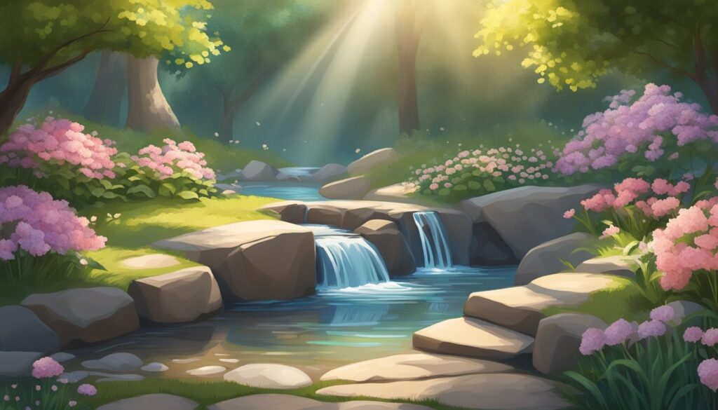 Serene forest stream with sunlight and blooming flowers.