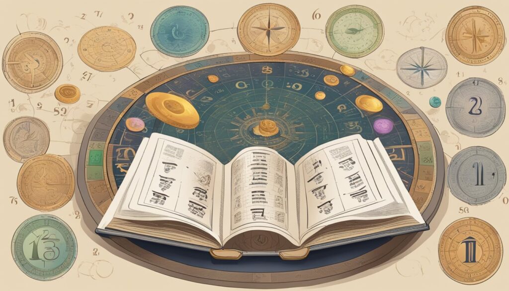 Astrology-themed illustration with zodiac symbols and open book.