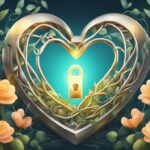 Golden heart lock surrounded by peach roses, vines, love concept.