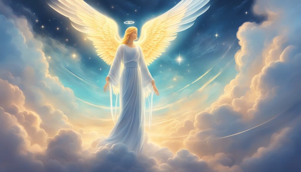 Angel with wings in heavenly sky illustration