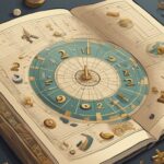 Antique astronomical chart with navigational instruments and book.