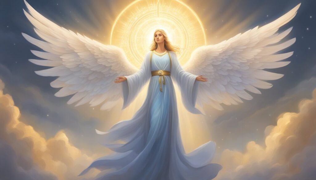 Angel with radiant halo spreading wings in sky.