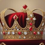 Ornate golden crown with jewels on red velvet.