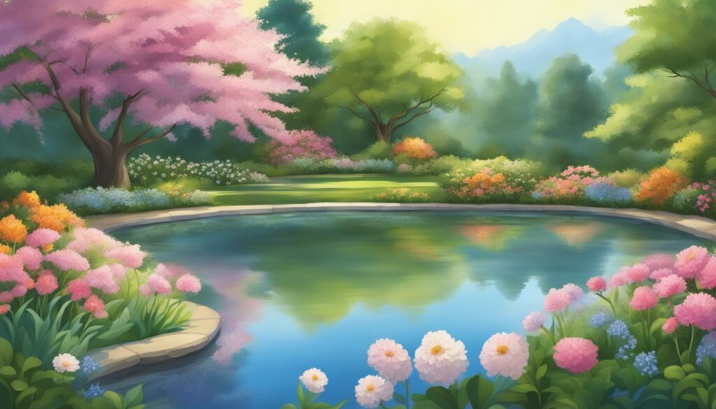 Illustration of serene pond surrounded by colorful flowers.