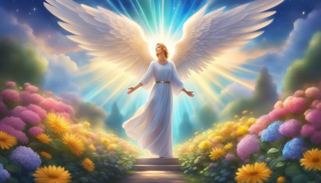 Angel with radiant wings over colorful garden.