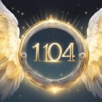 Golden angel wings with number 1104 in circle.