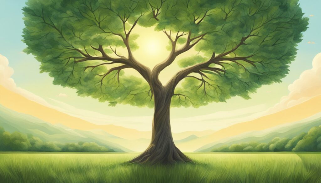 Illustration of a majestic tree in a serene landscape.
