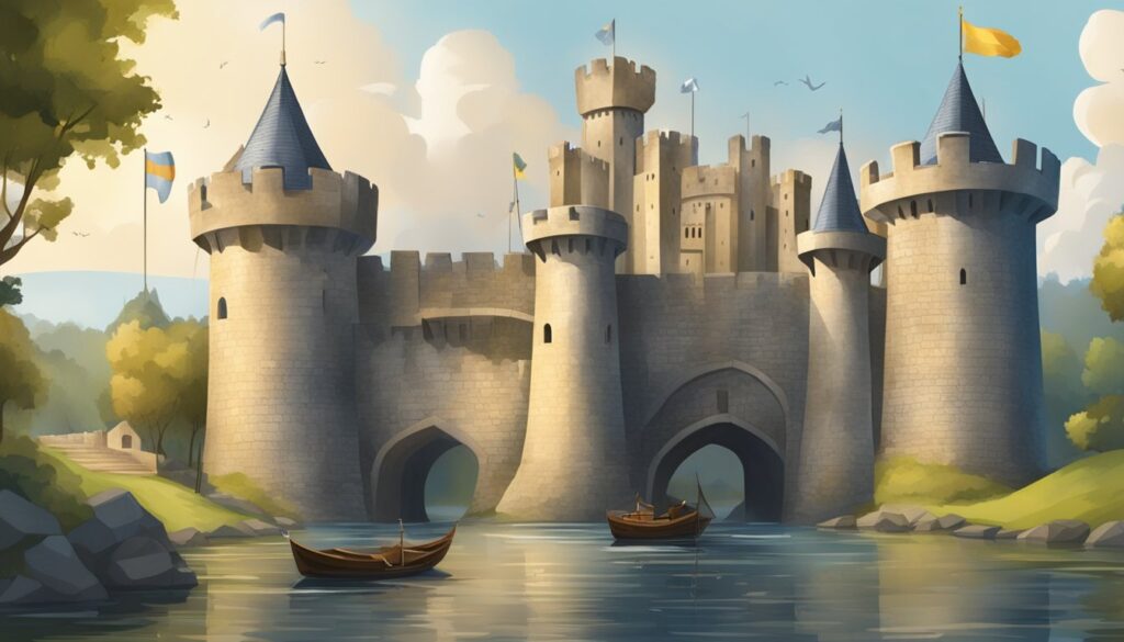 Illustration of medieval castle with boats on river.