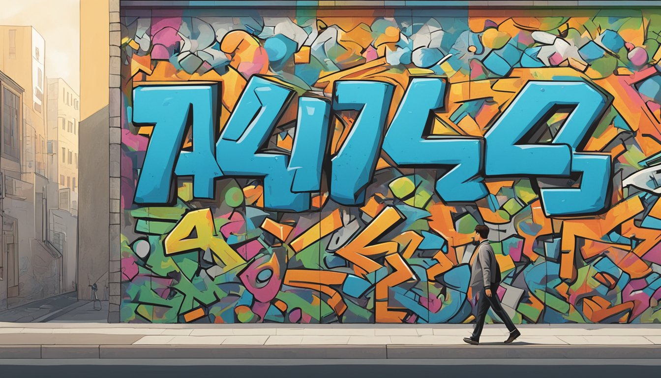 A person walking past a wall covered in graffiti with the number "446" prominently displayed.</p><p>The graffiti appears to have a significant impact on the surrounding environment
