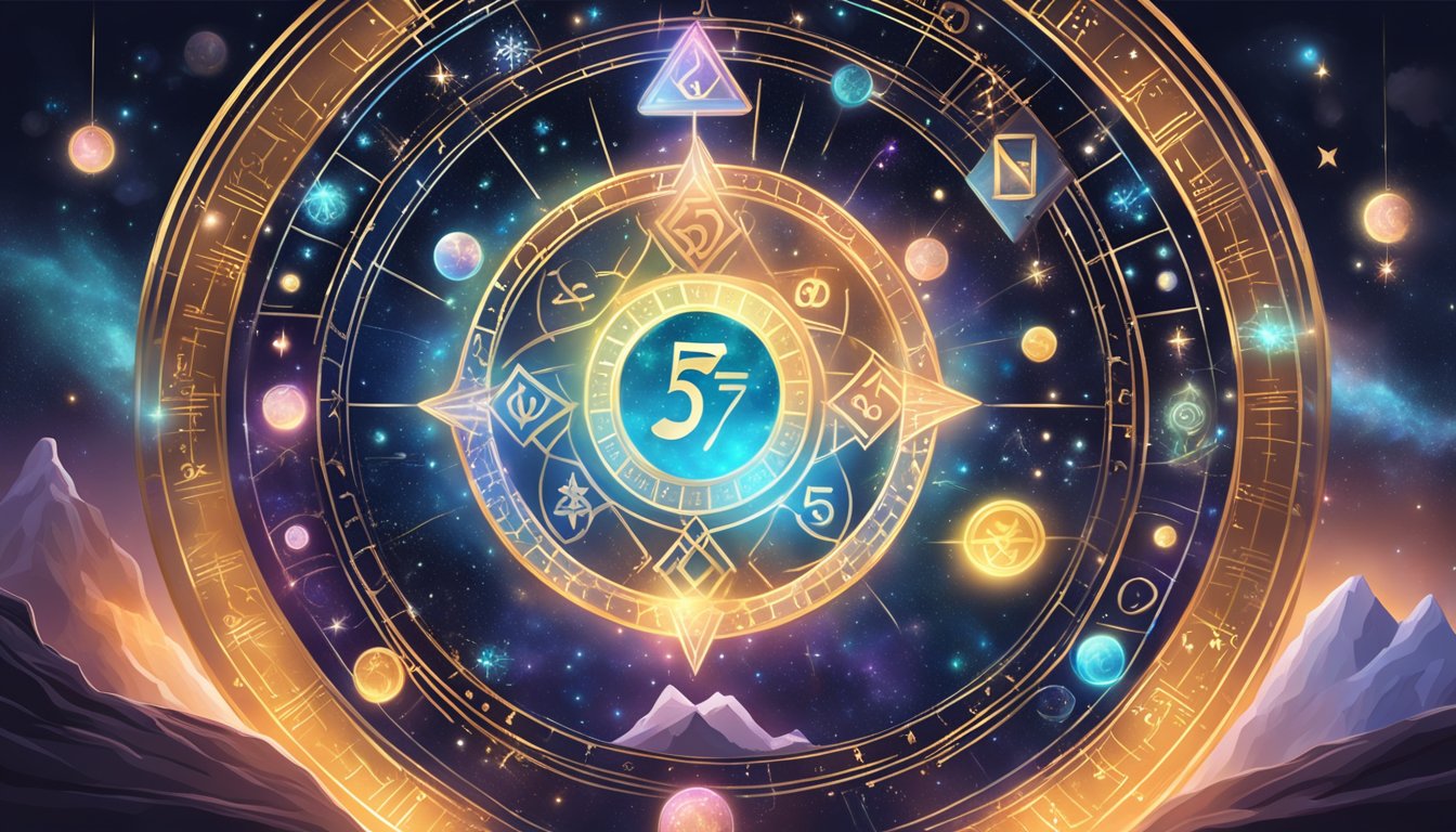 A mystical scene with a glowing 557 symbol surrounded by numerology symbols and cosmic elements