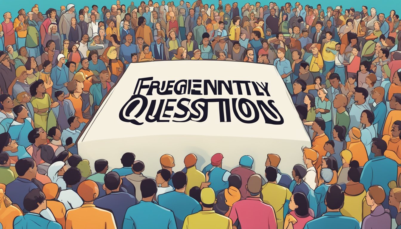 A large sign with "Frequently Asked Questions 58 Significado" in bold letters, surrounded by question marks and a crowd of people looking puzzled