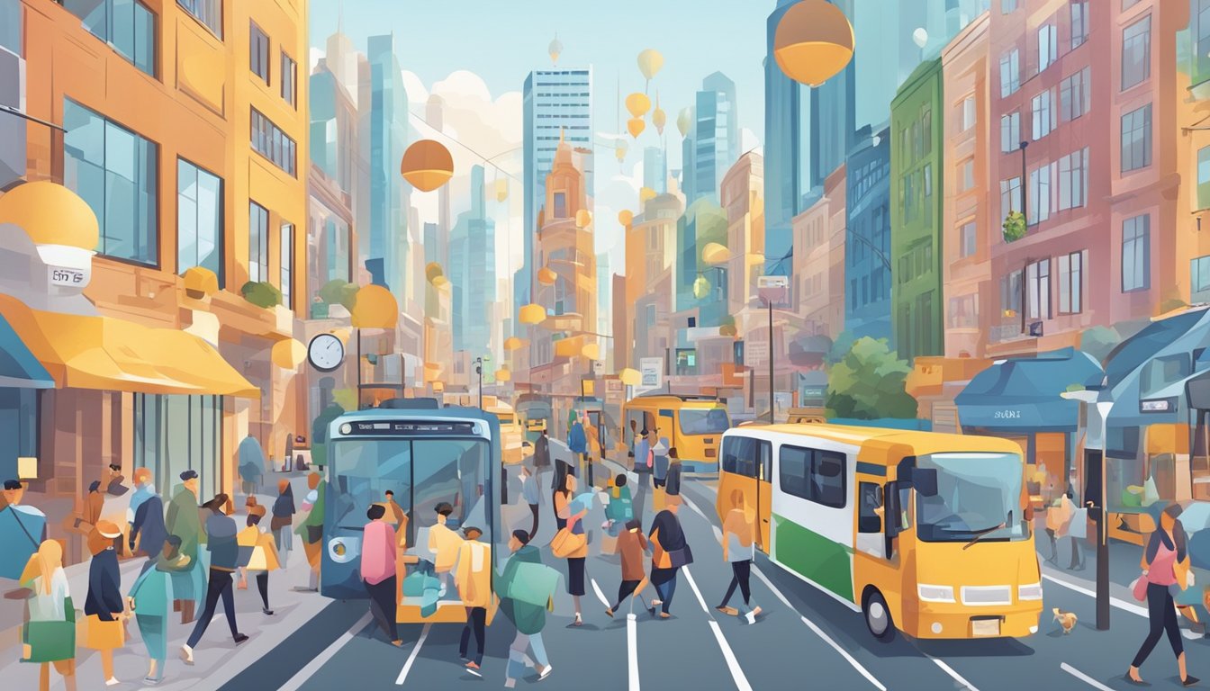 A busy city street with people going about their daily routines, surrounded by symbols representing different aspects of daily life
