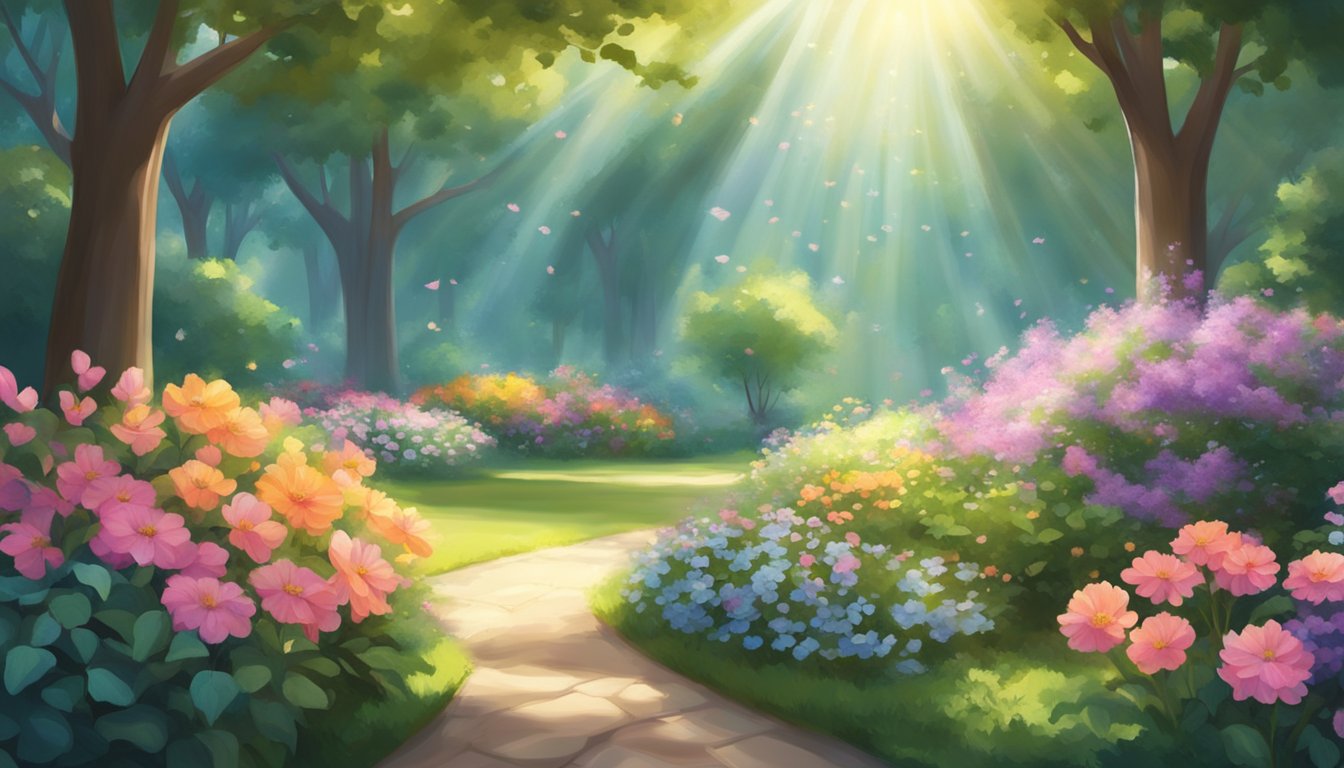 A serene garden with vibrant flowers, a gentle breeze, and rays of sunlight shining through the trees, creating a peaceful and angelic atmosphere